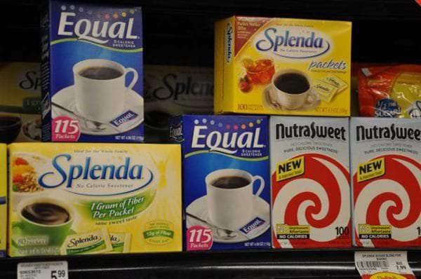 Boxes of fake sugars including Splenda, Equal and Nutrasweet