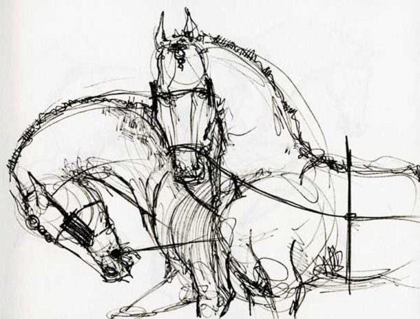 Sketch of two horses, one looks at the camera while the others' neck is curled downwards into the reins