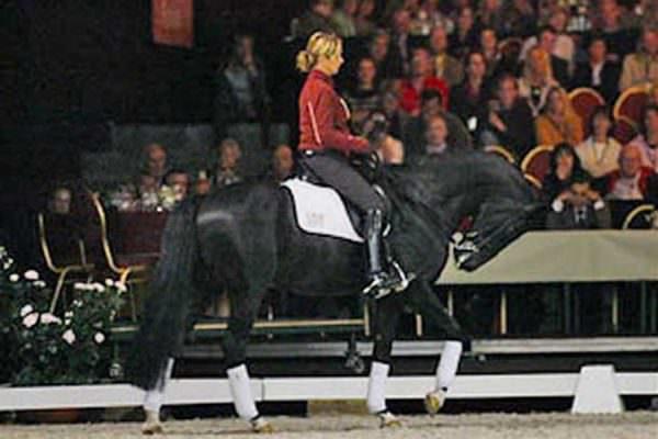 Anky van Grunsven rides her horse Salinero in hyperflexion at the Global Dressage Forum