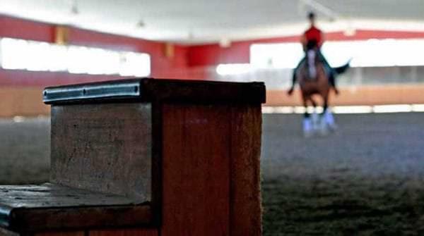 A Dressage horse is ridden in the background of a mounting block