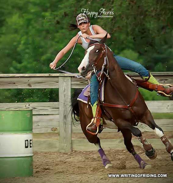 Hard kicking and pulling on a severe curb, this barrel horse runs wild-eyed and it would be hard for anyone unbiased to think the horse enjoyed the sport.