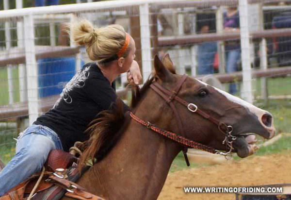 Barrel racers often pulling violently on the reins excuse their behavior by saying the horse is so excited to run barrels they can't hold him back... maybe their horse is trying to run away from their abusive hands.