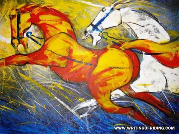 Biswajit Das Acrylic painting of two horses galloping with mouths open
