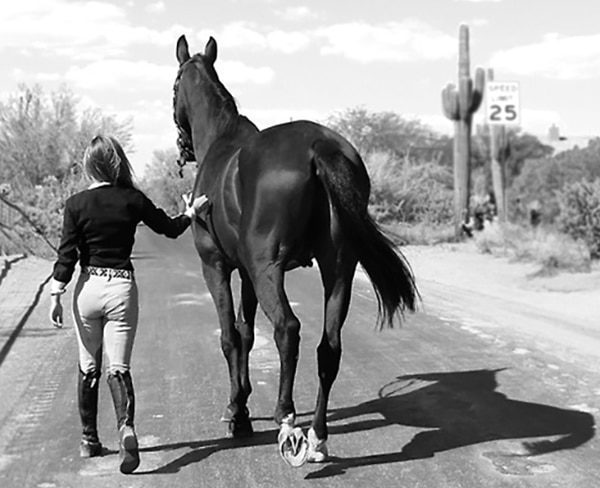 A girl leads her horse down a road in the desert.