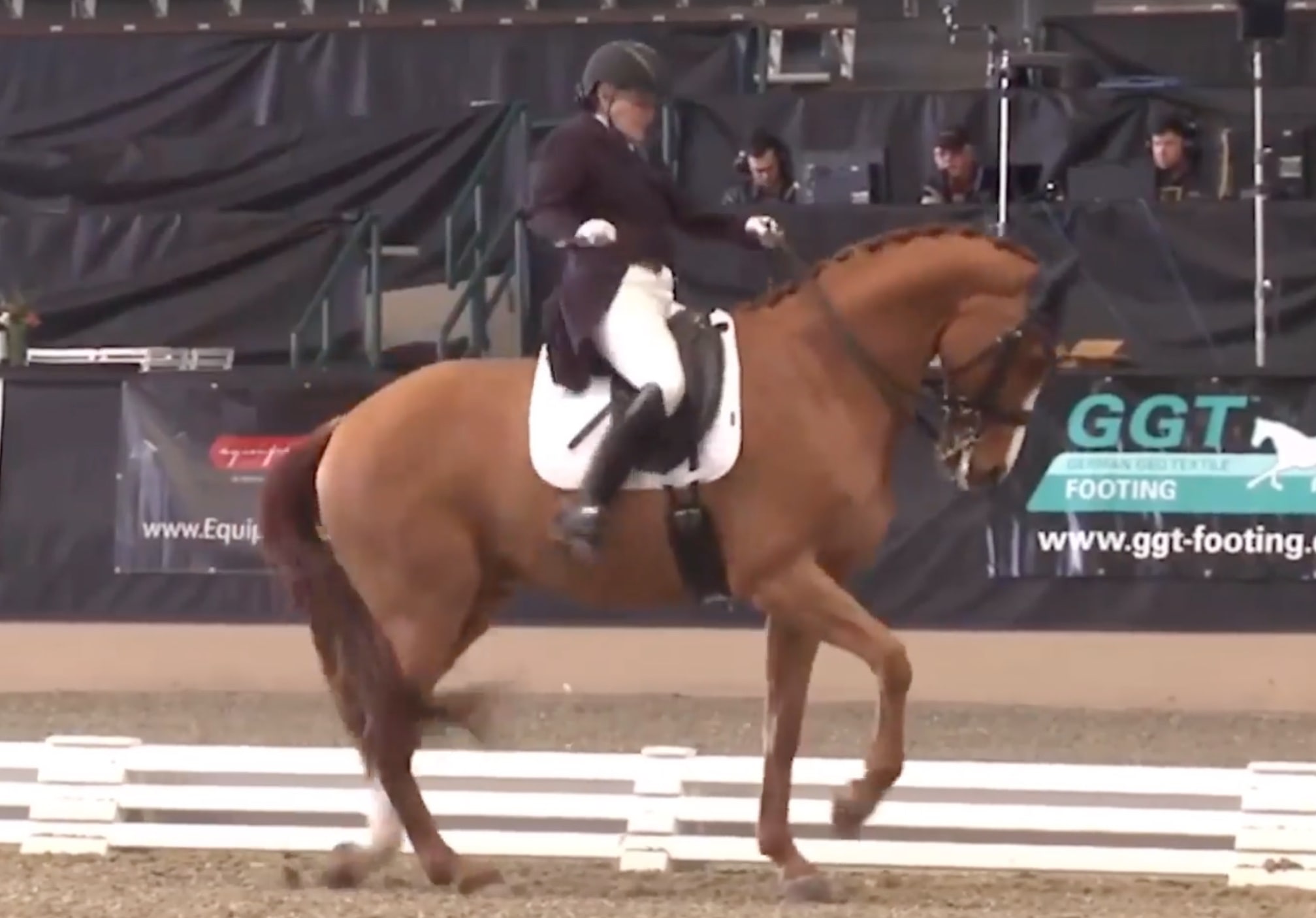 Shelley Browning one-handed whip in Dressage test.